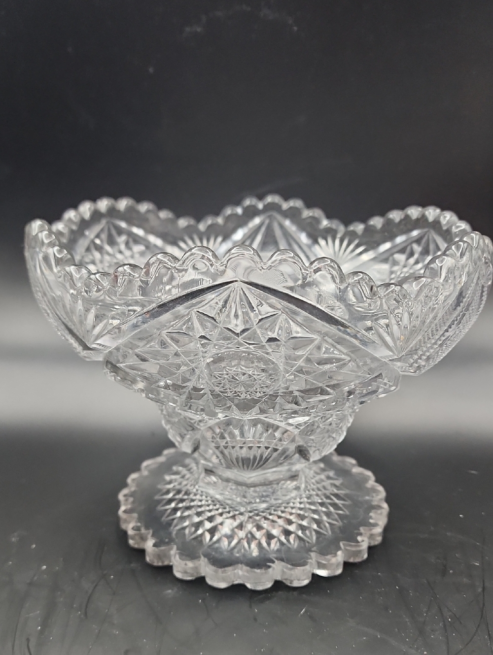 Vintage Imperial Glass Clear Nucut Pressed Pattern Fan  Star Compote Sawtooth
